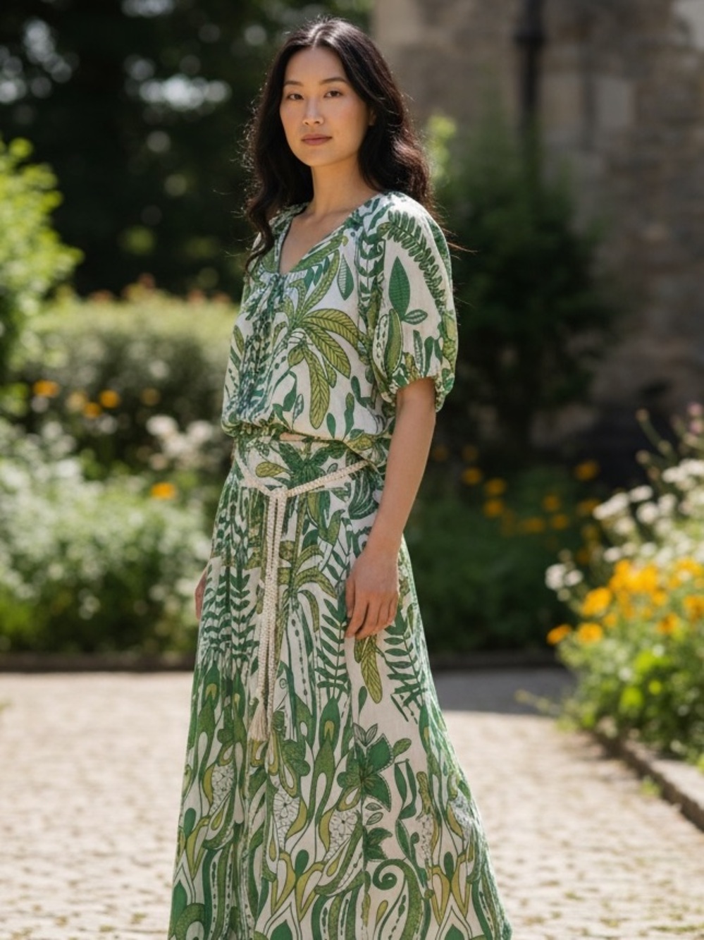 Rachel Zoe  2-Piece Skirt Set Tropical Green Palm Leaf Print Sz L Top XL Skirt
